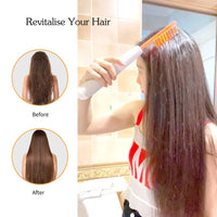 Person using a hair care product with 'Before' and 'After' hair comparison shown.